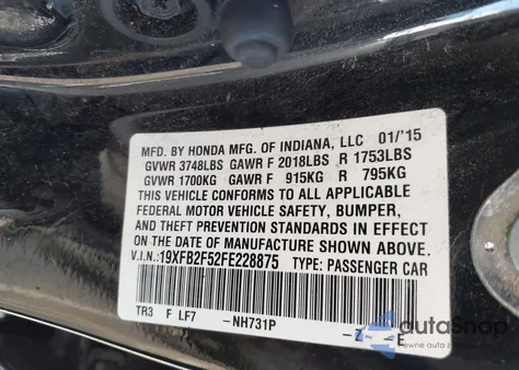 2015 Honda Civic Lx z USA, uszkodzony, nr VIN 19XFB2F52FE228875